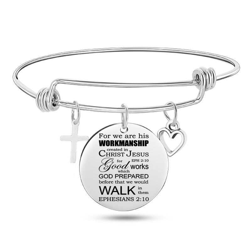 Engraved Christian Bible Psalm Stainless Steel Bracelet Bangle With Cross Heart Charms