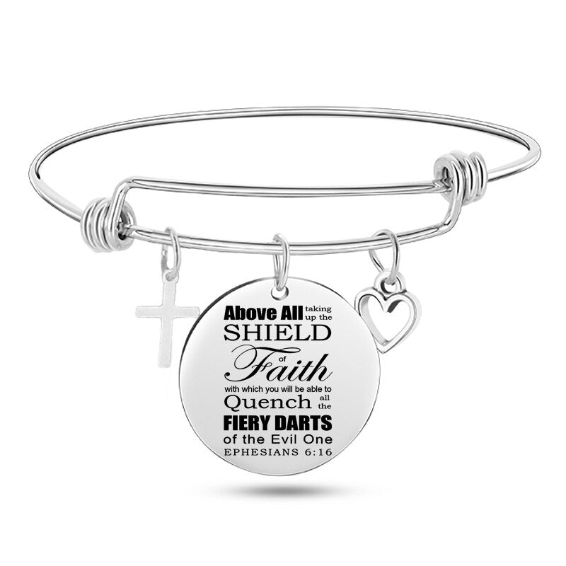 Engraved Christian Bible Psalm Stainless Steel Bracelet Bangle With Cross Heart Charms
