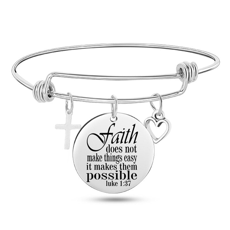 Engraved Christian Bible Psalm Stainless Steel Bracelet Bangle With Cross Heart Charms