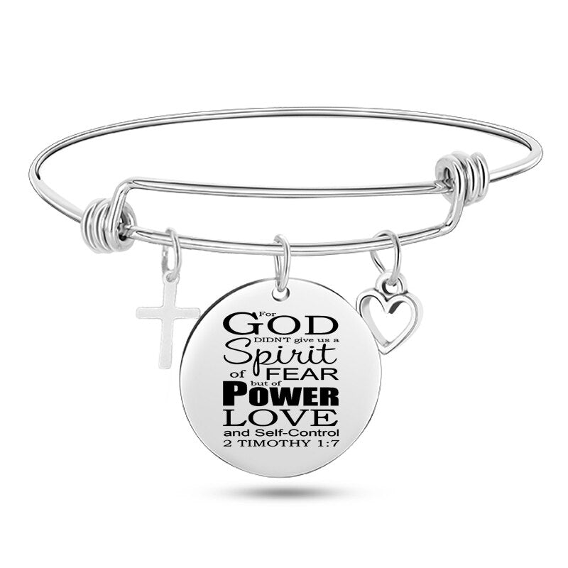Engraved Christian Bible Psalm Stainless Steel Bracelet Bangle With Cross Heart Charms
