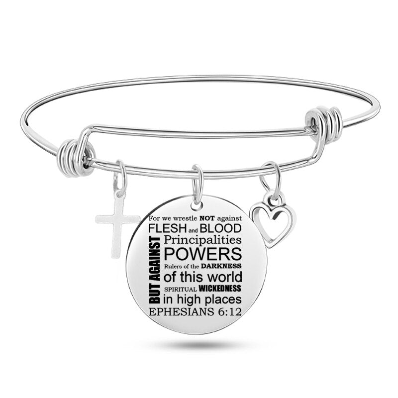 Engraved Christian Bible Psalm Stainless Steel Bracelet Bangle With Cross Heart Charms