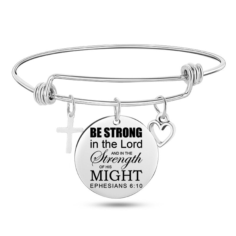 Engraved Christian Bible Psalm Stainless Steel Bracelet Bangle With Cross Heart Charms