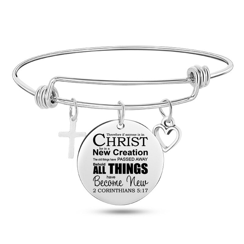 Engraved Christian Bible Psalm Stainless Steel Bracelet Bangle With Cross Heart Charms