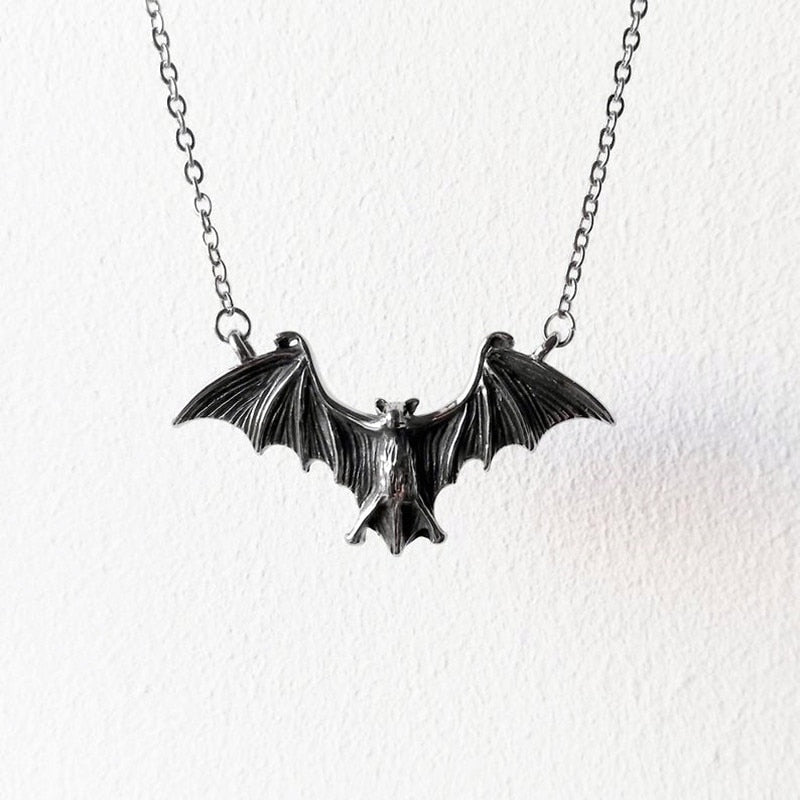 Goth Punk Black Large Flying Bat Necklace
