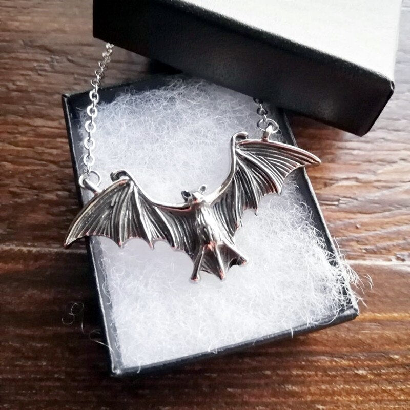 Goth Punk Black Large Flying Bat Necklace