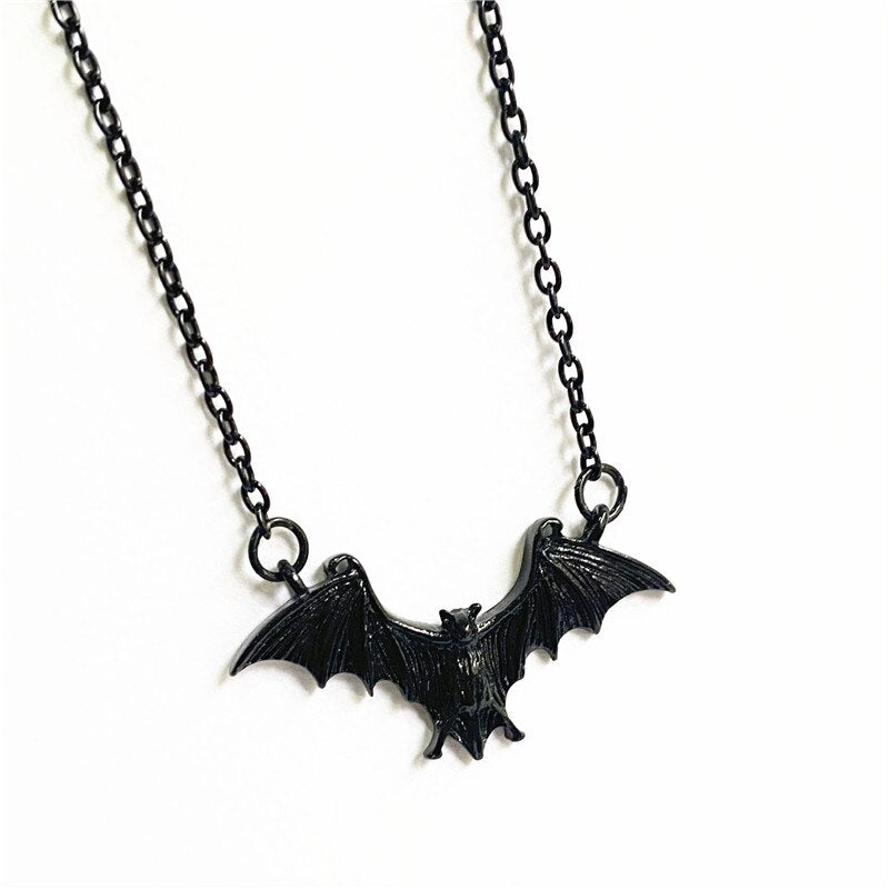 Goth Punk Black Large Flying Bat Necklace