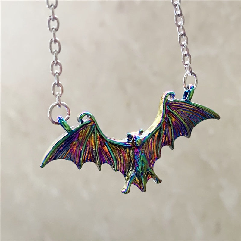 Goth Punk Black Large Flying Bat Necklace
