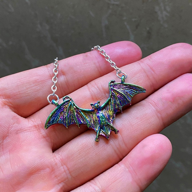 Goth Punk Black Large Flying Bat Necklace