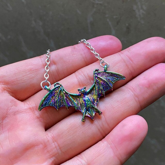 Goth Punk Black Large Flying Bat Necklace