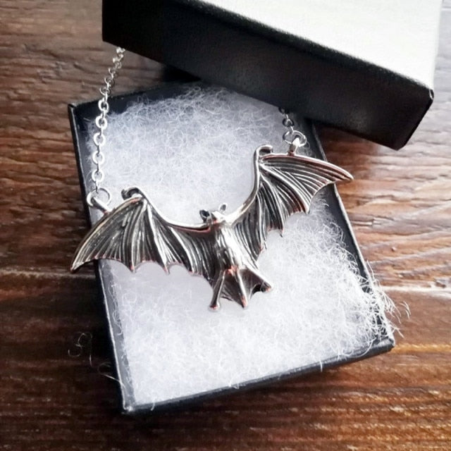 Goth Punk Black Large Flying Bat Necklace