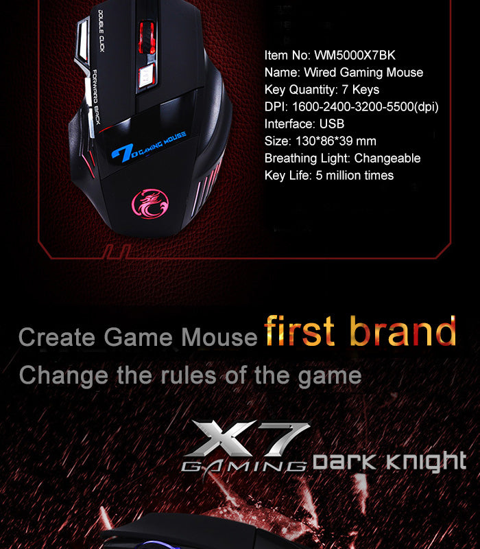 Estone X7 3200DPI LED Optical 7D USB Wired Gaming Mouse - BLACK