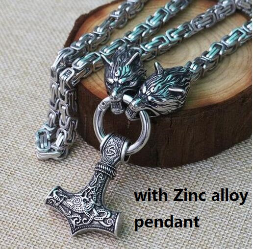Stainless Steel Wolf Head Necklace Chain With Mjolnir