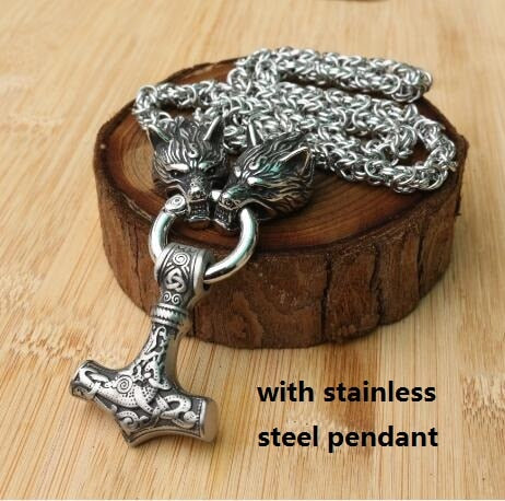 Stainless Steel Wolf Head Necklace Chain With Mjolnir
