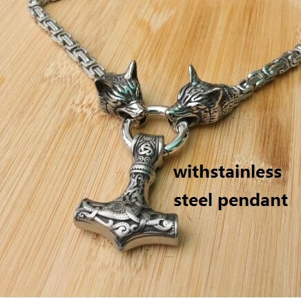 Stainless Steel Wolf Head Necklace Chain With Mjolnir