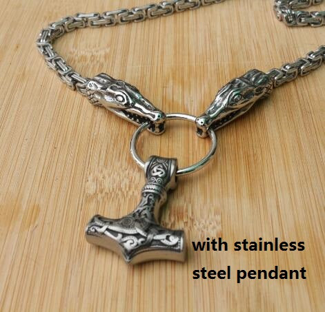 Stainless Steel Wolf Head Necklace Chain With Mjolnir