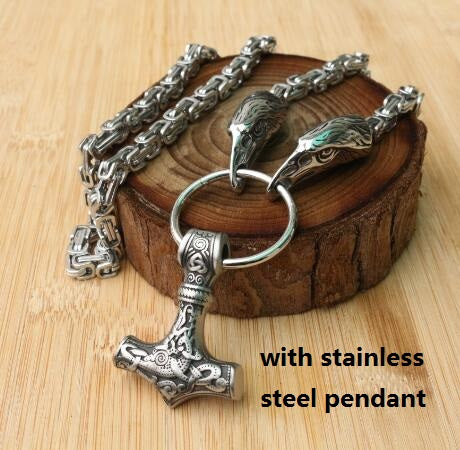 Stainless Steel Wolf Head Necklace Chain With Mjolnir