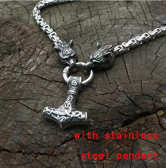 Stainless Steel Wolf Head Necklace Chain With Mjolnir