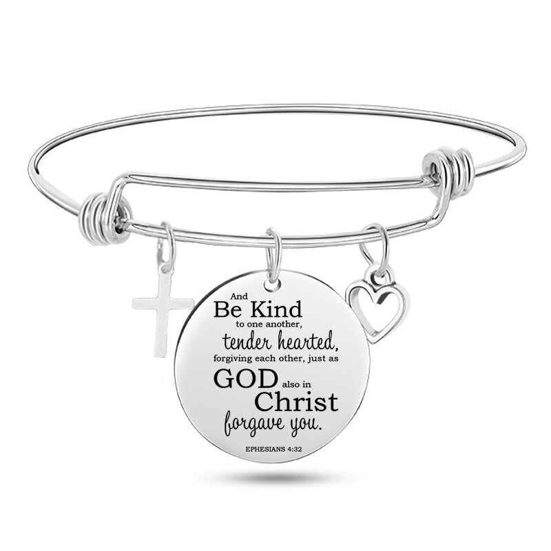 Engraved Christian Bible Psalm Stainless Steel Bracelet Bangle With Cross Heart Charms