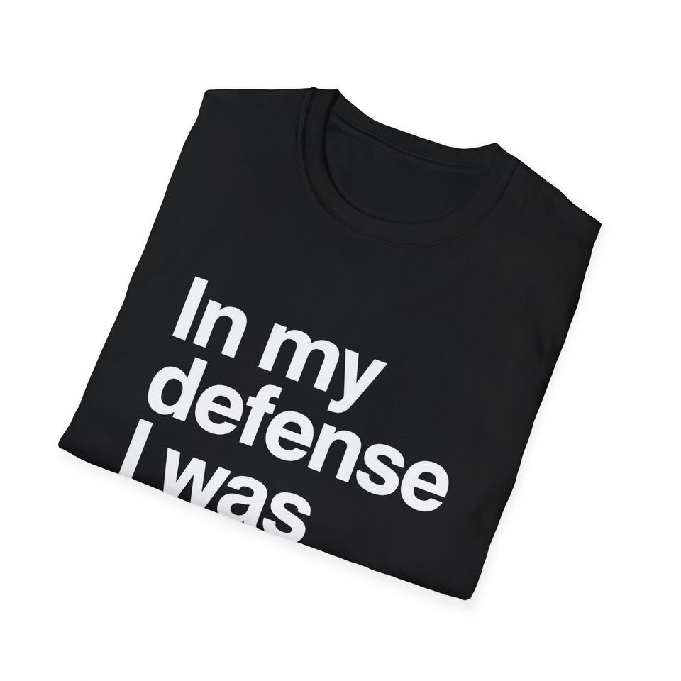In My Defense I Was Bored Graphic T-Shirt — Funny Casual Tee for Humor Lovers