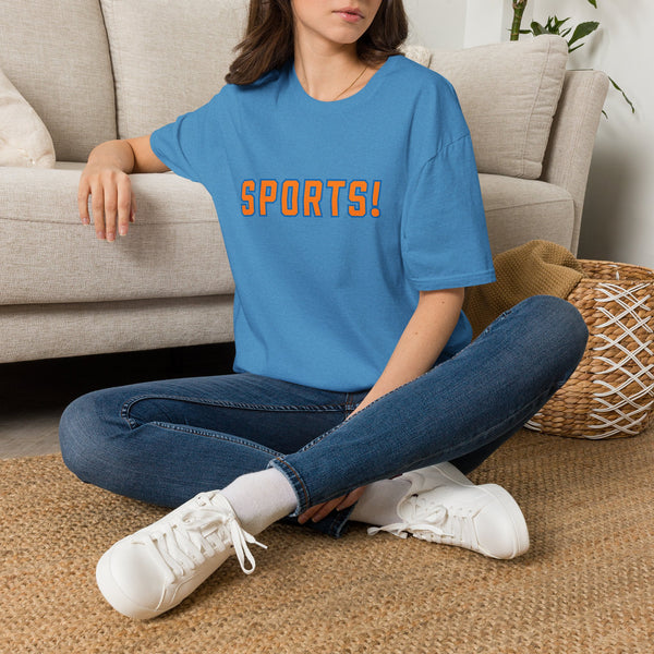 SPORTS! Funny Retro Collegiate T‑Shirt — Bold Orange & Blue Athletic Graphic