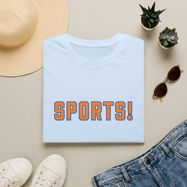 SPORTS! Funny Retro Collegiate T‑Shirt — Bold Orange & Blue Athletic Graphic