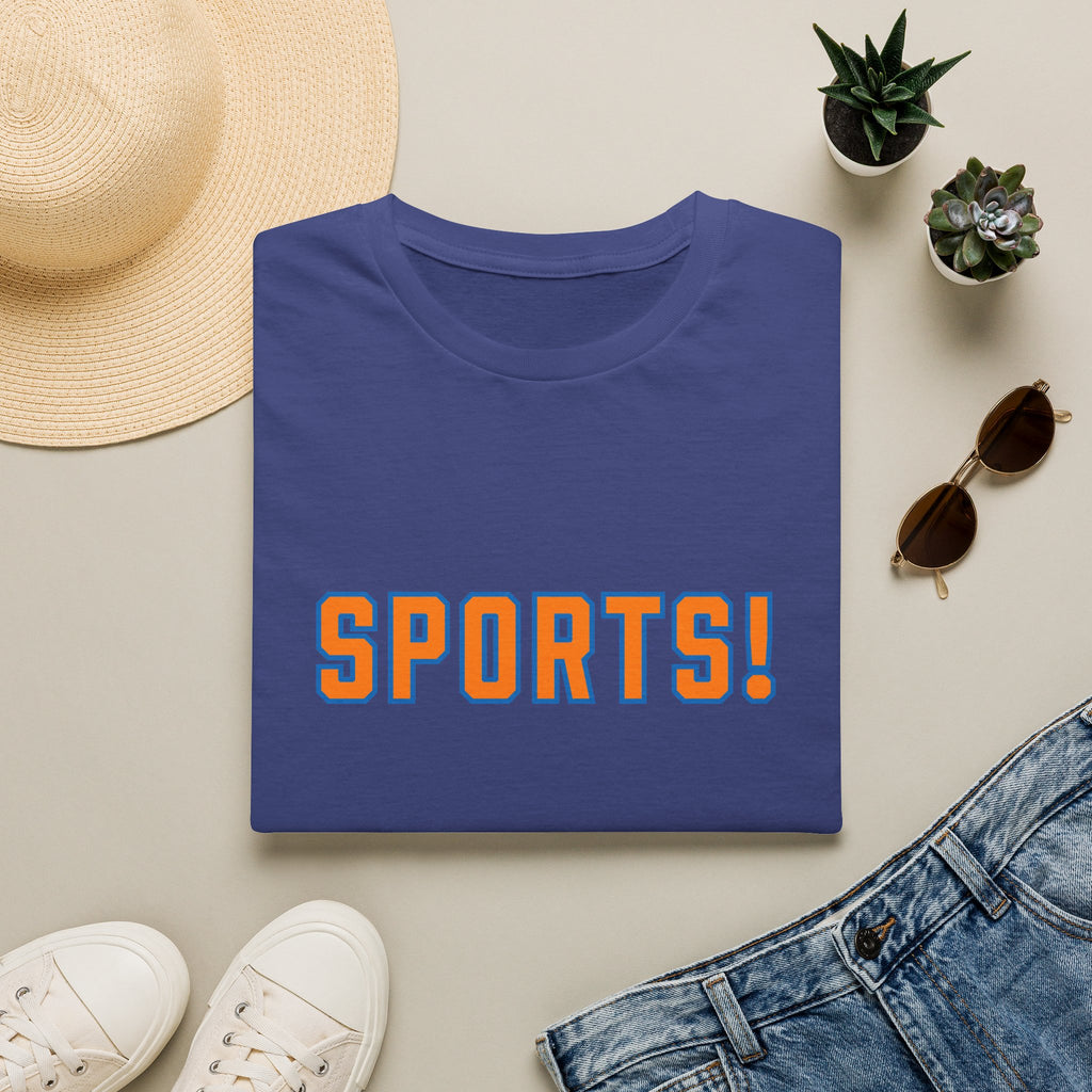 SPORTS! Funny Retro Collegiate T‑Shirt — Bold Orange & Blue Athletic Graphic