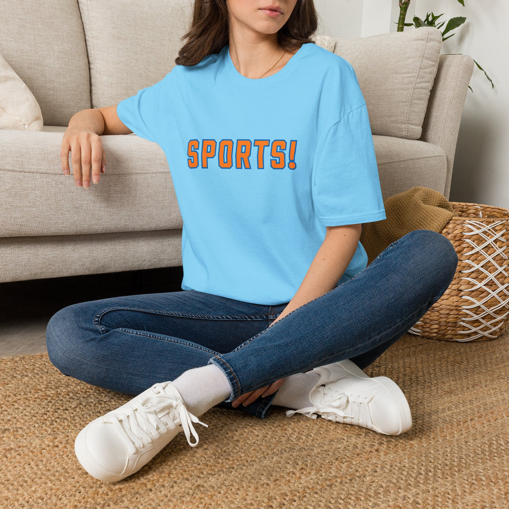 SPORTS! Funny Retro Collegiate T‑Shirt — Bold Orange & Blue Athletic Graphic