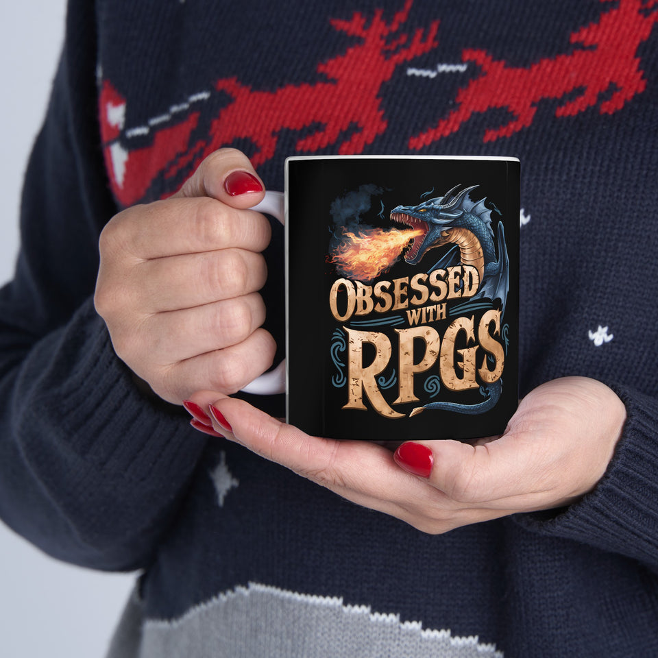 Obsessed With RPGs Mug | Role Playing Game Gift | Fantasy Dragon RPG Coffee Mug | Fantasy RPG Presents Mug 11oz