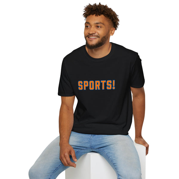 SPORTS! Funny Retro Collegiate T‑Shirt — Bold Orange & Blue Athletic Graphic