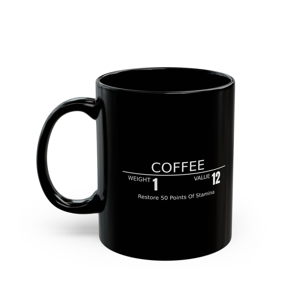 Coffee RPG Mug — "Restore 50 Points of Stamina" Black Ceramic Coffee Mug (11oz & 15oz)