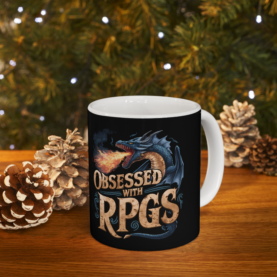 Obsessed With RPGs Mug | Role Playing Game Gift | Fantasy Dragon RPG Coffee Mug | Fantasy RPG Presents Mug 11oz