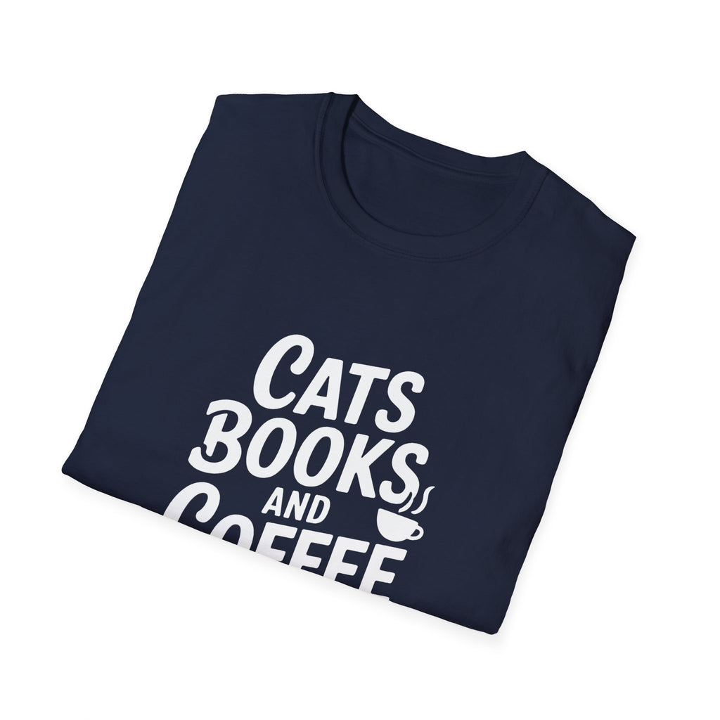 Cats, Books & Coffee T-Shirt — Cozy Reading Tee for Cat Lovers