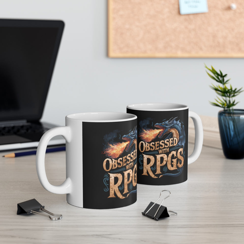 Obsessed With RPGs Mug | Role Playing Game Gift | Fantasy Dragon RPG Coffee Mug | Fantasy RPG Presents Mug 11oz