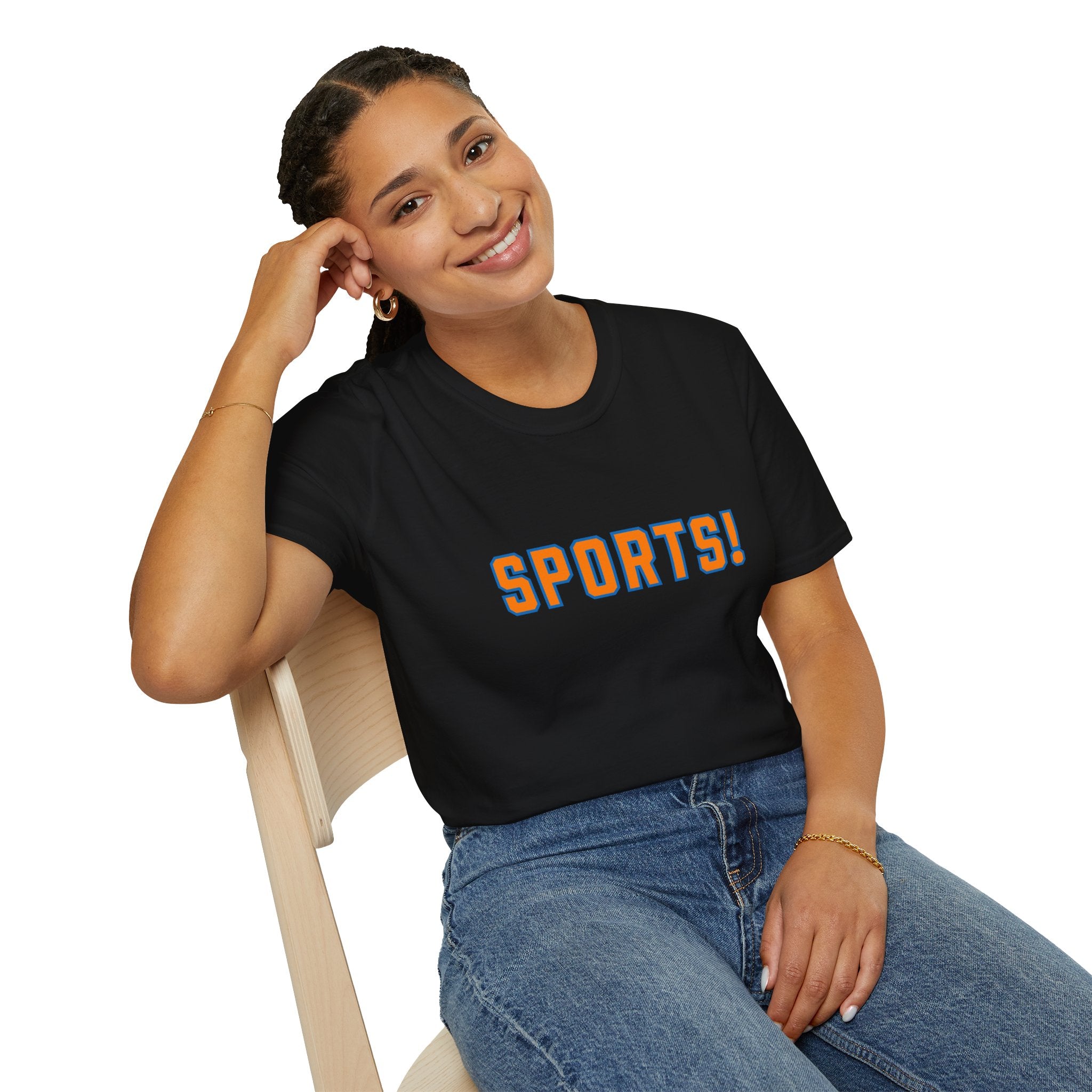 SPORTS! Funny Retro Collegiate T‑Shirt — Bold Orange & Blue Athletic Graphic