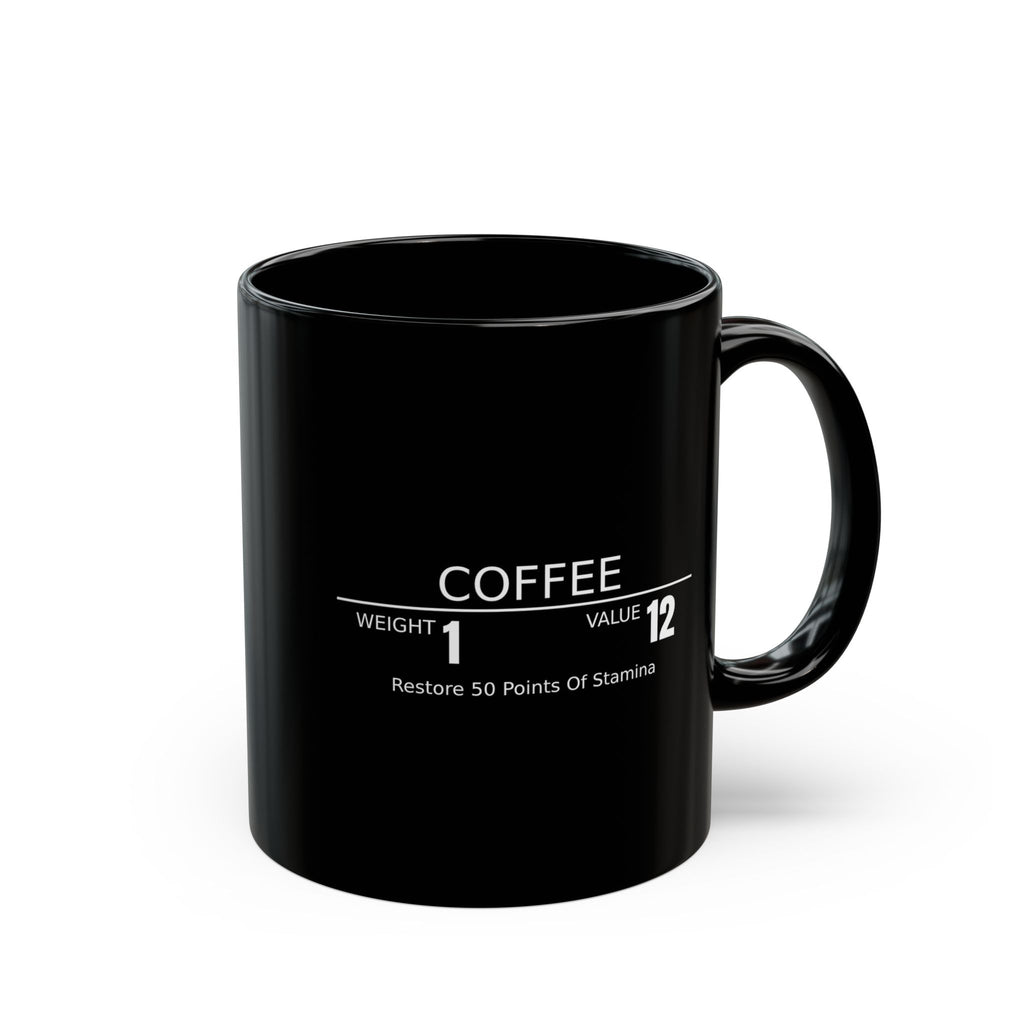 Coffee RPG Mug — "Restore 50 Points of Stamina" Black Ceramic Coffee Mug (11oz & 15oz)