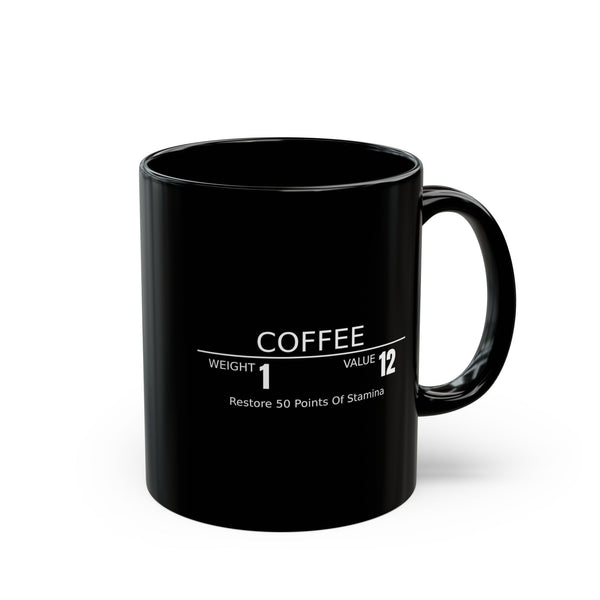 Coffee RPG Mug — "Restore 50 Points of Stamina" Black Ceramic Coffee Mug (11oz & 15oz)
