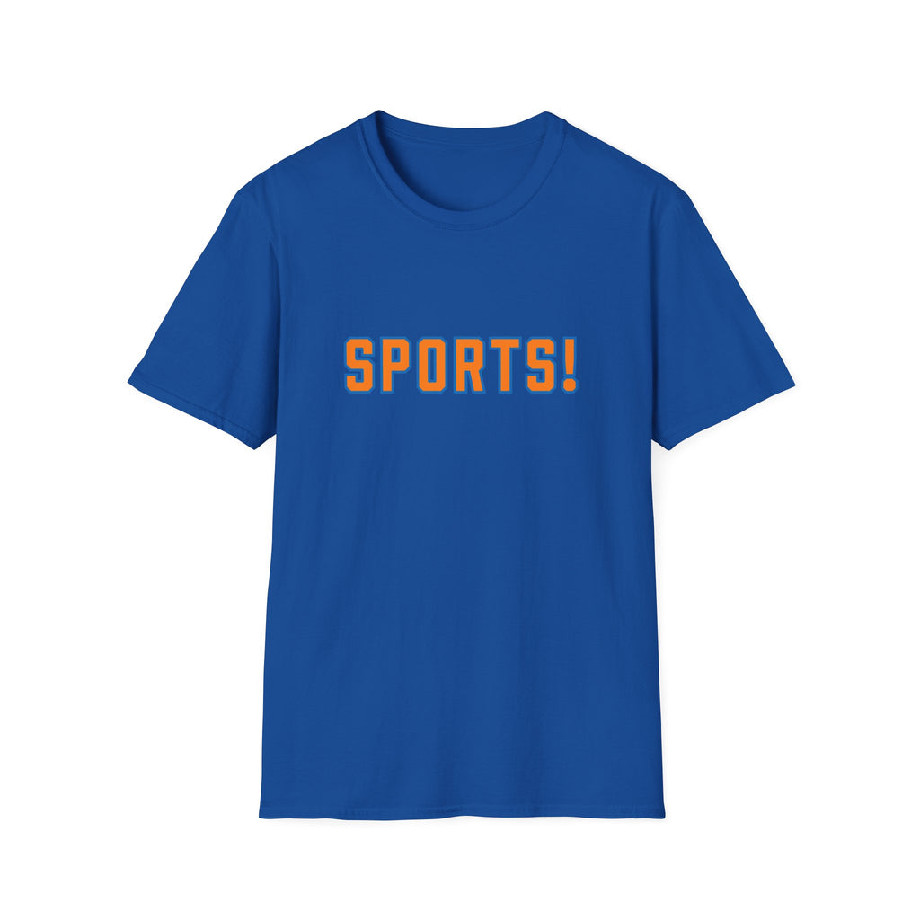 SPORTS! Funny Retro Collegiate T‑Shirt — Bold Orange & Blue Athletic Graphic