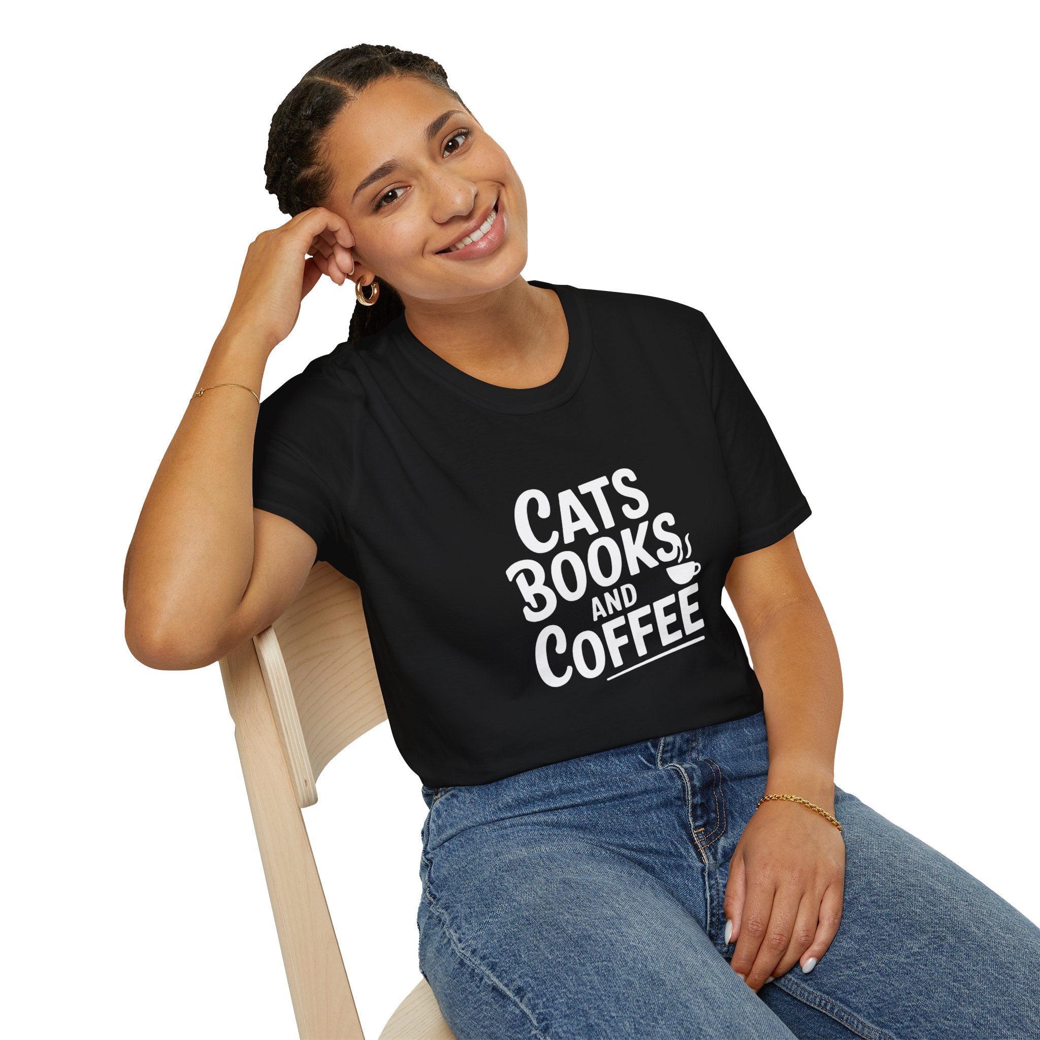 Cats, Books & Coffee T-Shirt — Cozy Reading Tee for Cat Lovers