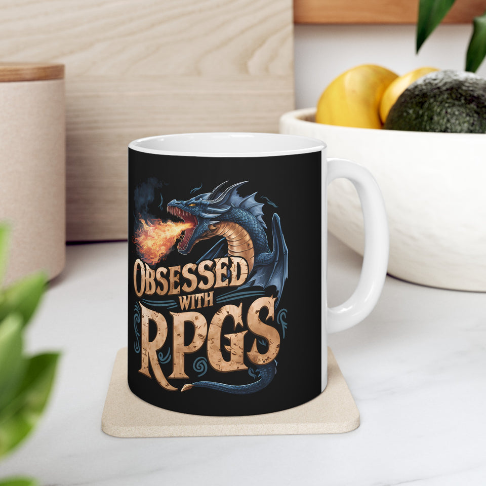 Obsessed With RPGs Mug | Role Playing Game Gift | Fantasy Dragon RPG Coffee Mug | Fantasy RPG Presents Mug 11oz