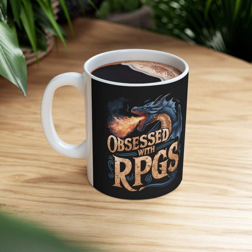 Obsessed With RPGs Mug | Role Playing Game Gift | Fantasy Dragon RPG Coffee Mug | Fantasy RPG Presents Mug 11oz