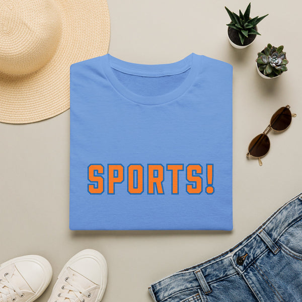 SPORTS! Funny Retro Collegiate T‑Shirt — Bold Orange & Blue Athletic Graphic