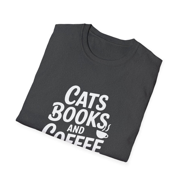 Cats, Books & Coffee T-Shirt — Cozy Reading Tee for Cat Lovers