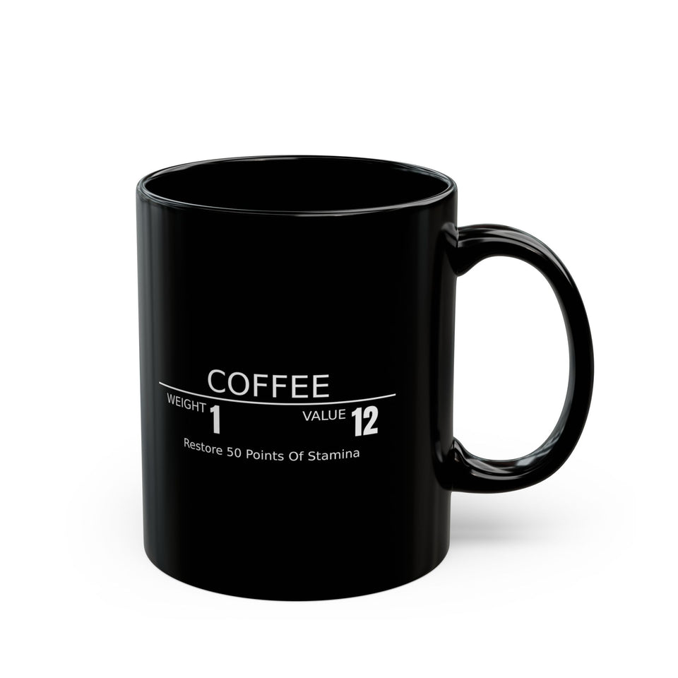 Coffee RPG Mug — "Restore 50 Points of Stamina" Black Ceramic Coffee Mug (11oz & 15oz)