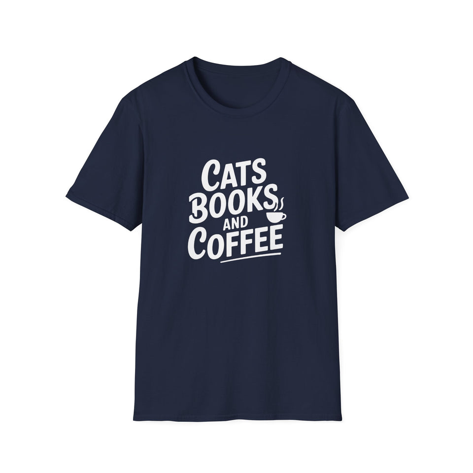 Cats, Books & Coffee T-Shirt — Cozy Reading Tee for Cat Lovers