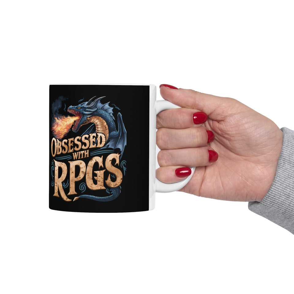 Obsessed With RPGs Mug | Role Playing Game Gift | Fantasy Dragon RPG Coffee Mug | Fantasy RPG Presents Mug 11oz