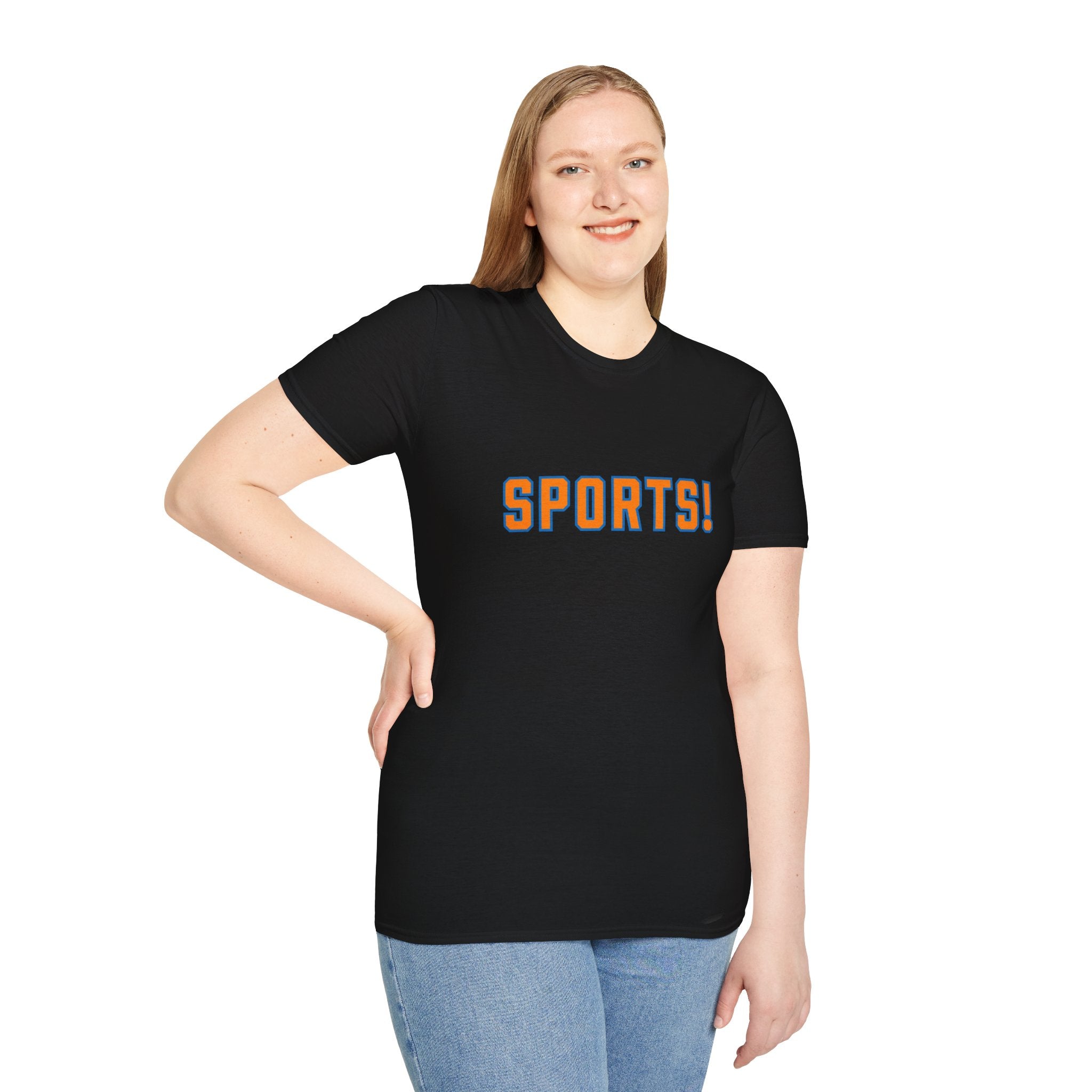 SPORTS! Funny Retro Collegiate T‑Shirt — Bold Orange & Blue Athletic Graphic