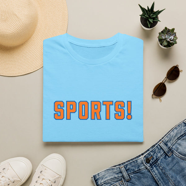 SPORTS! Funny Retro Collegiate T‑Shirt — Bold Orange & Blue Athletic Graphic