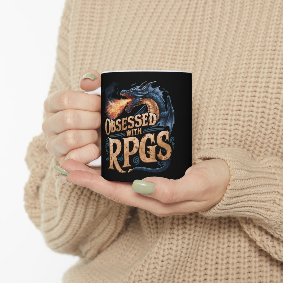 Obsessed With RPGs Mug | Role Playing Game Gift | Fantasy Dragon RPG Coffee Mug | Fantasy RPG Presents Mug 11oz