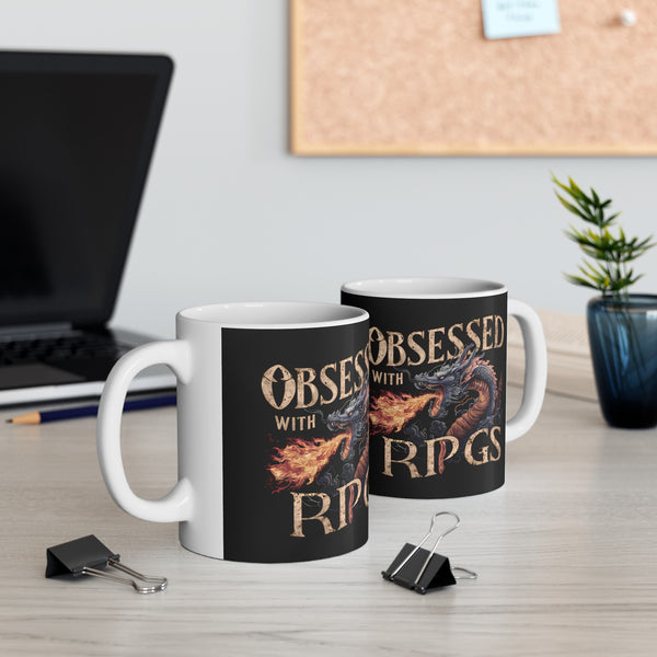 Obsessed With RPGs Mug | Role Playing Game Gift | Fantasy Dragon RPG Coffee Mug | Fantasy RPG Presents Mug 11oz 2