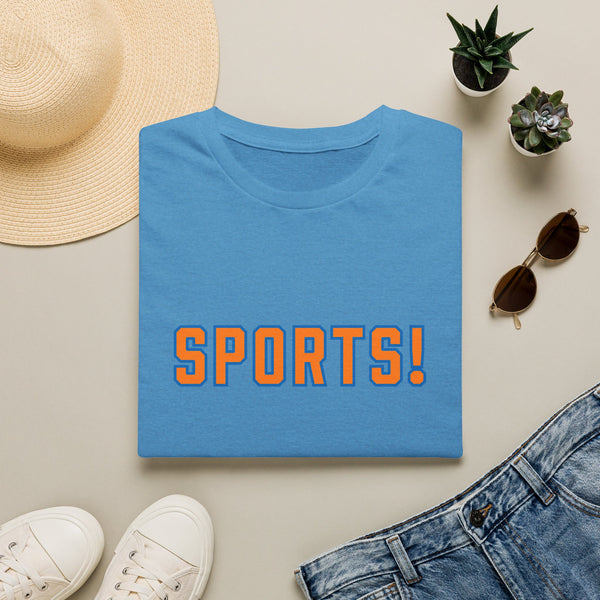 SPORTS! Funny Retro Collegiate T‑Shirt — Bold Orange & Blue Athletic Graphic